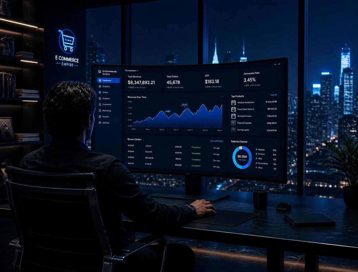 Specjalista e-commerce analizujący dashboard sklepu i automatyzacje AI